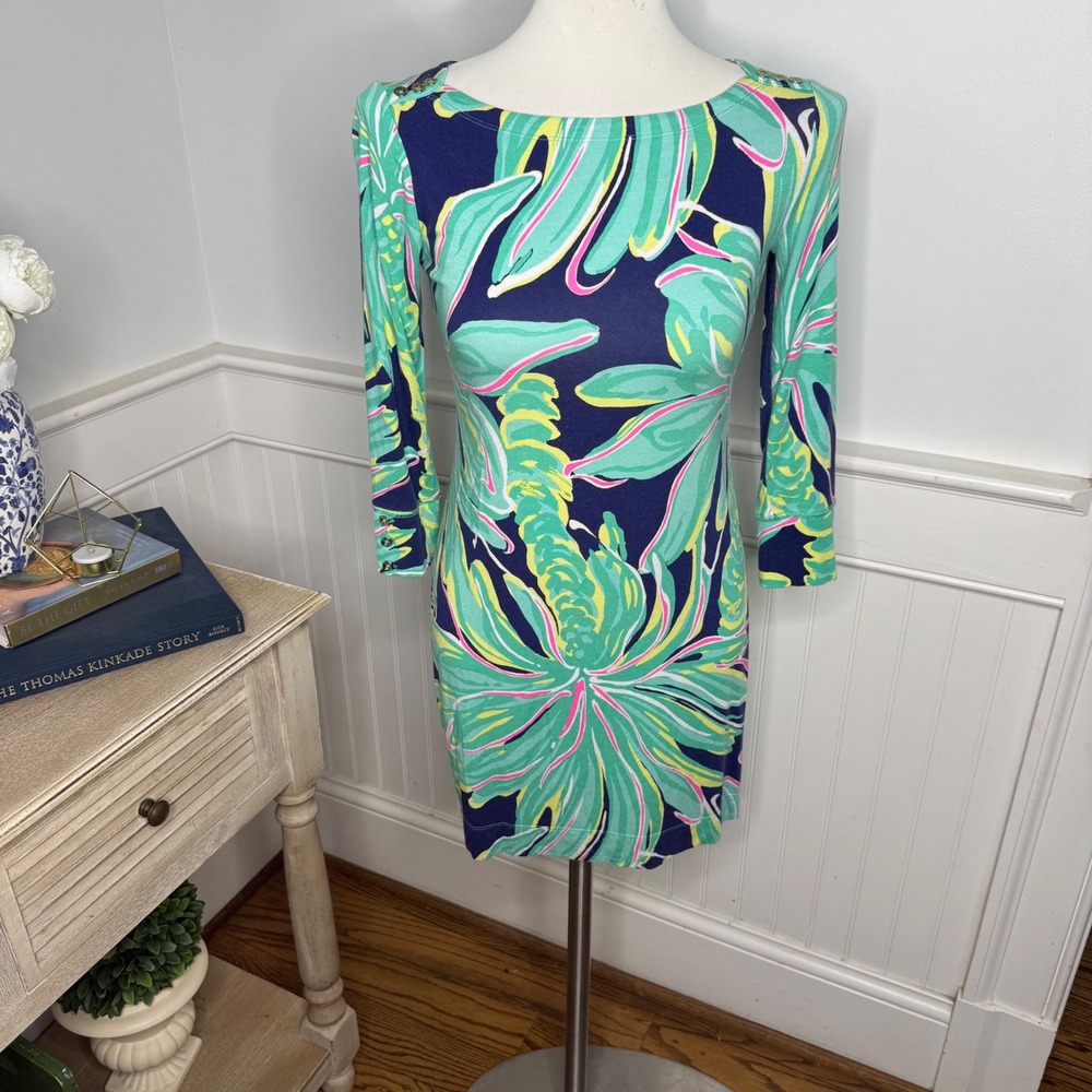 Lilly Pulitzer Sophie Dress Navy Blue Reel It In Tropical 3/4 Sleeve XS UPF 50+